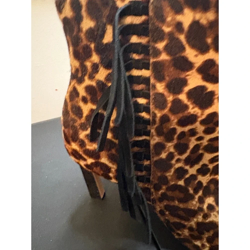 Vince Camuto Womens Leopard Calf Hair Fringe Ankle Boots Pointed Toe Stiletto 9M